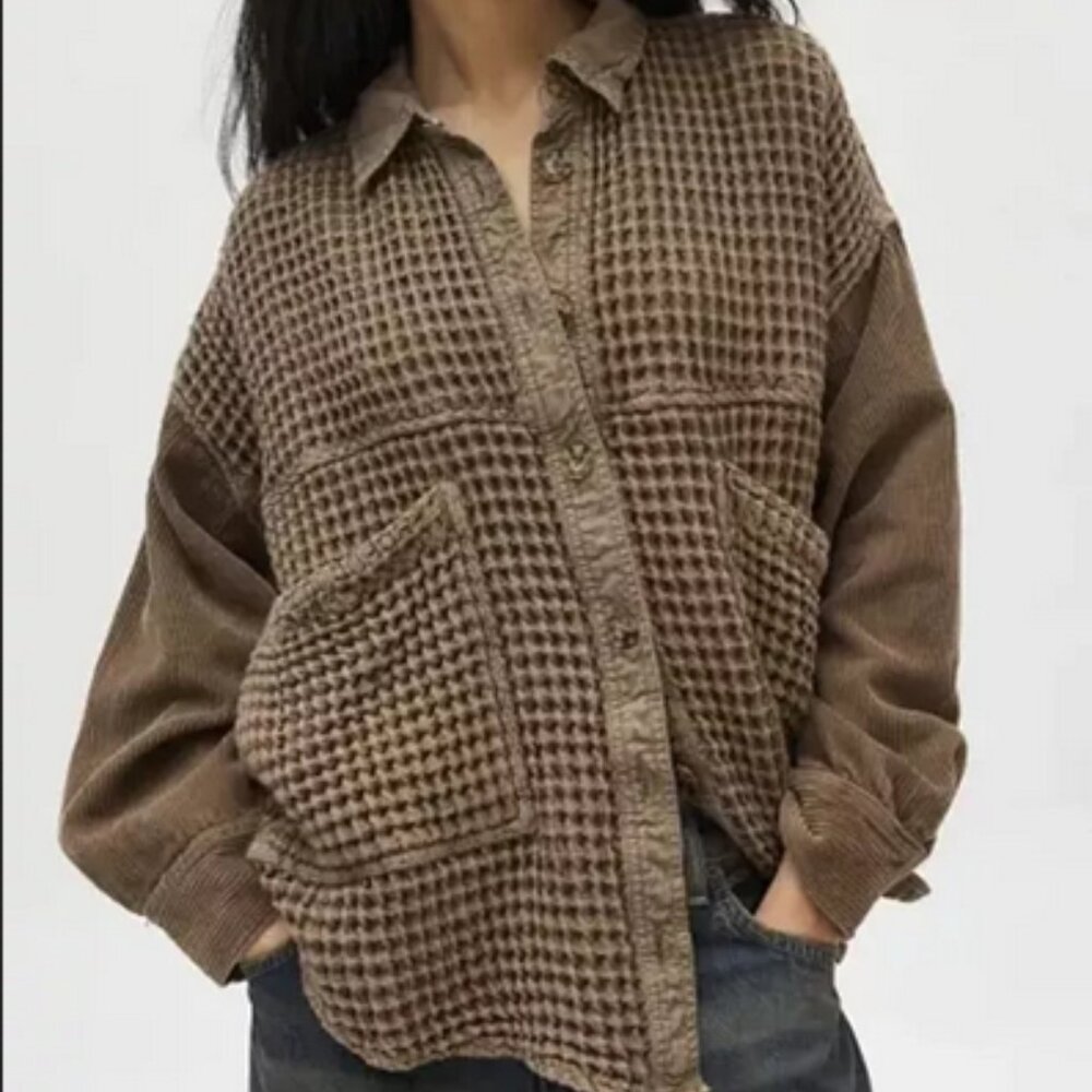 BDG Bryson Waffle Shirt Jacket Buttondown Pocket Olive